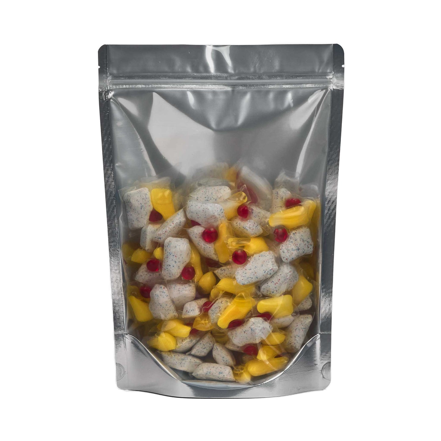 Clear Front Foil/ Black Back Stand Up Pouches w/ Resealable Zip & Tear Notches