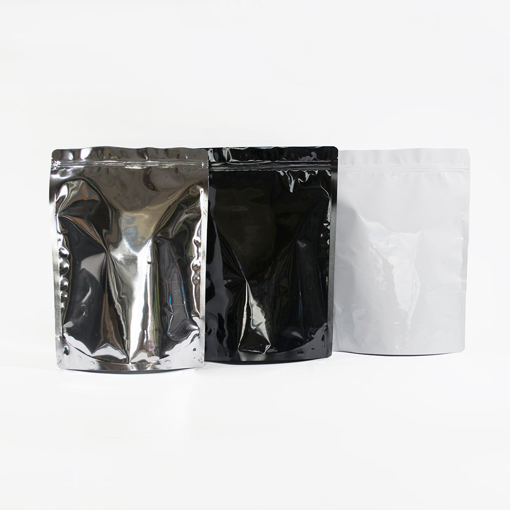 Metallic Black, Silver & White Stand Up Pouches 1KG With Zip & Tear Notch - Titan Packaging
