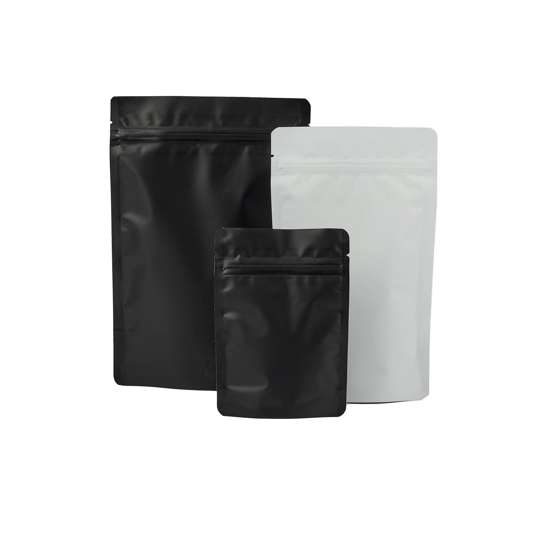 Matte Black & Matte White Stand Up Pouches w/ zip & tear notches (with Foil-lining)